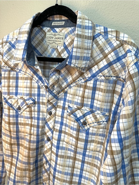 Cody James Other - Blue, tan, and white plaid western button up shirt with detail stitching